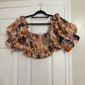 En Creme Floral Puff Sleeve Blouse - Orange, Black, Cream